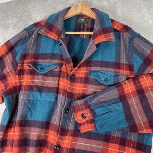 Soft Cloth Melrose Shirt Jacket Mens 2XL Blue Orange Plaid Flannel Shacket Wool